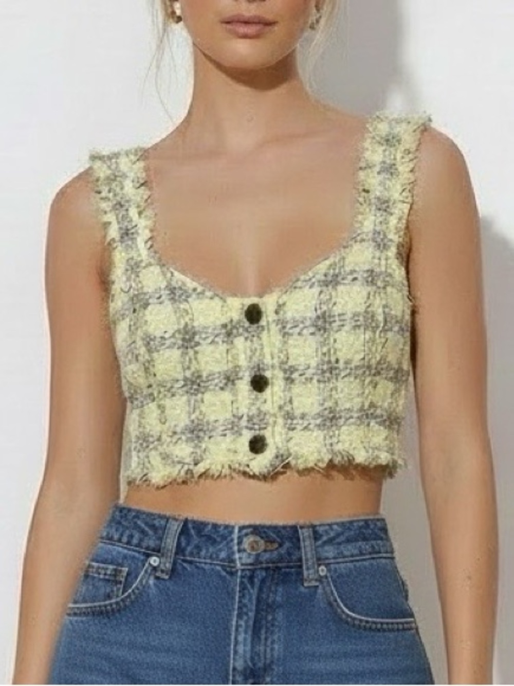 Zara Textured Weave Frayed Hem Yellow Black Tweed Clueless Crop Top Y2K Medium